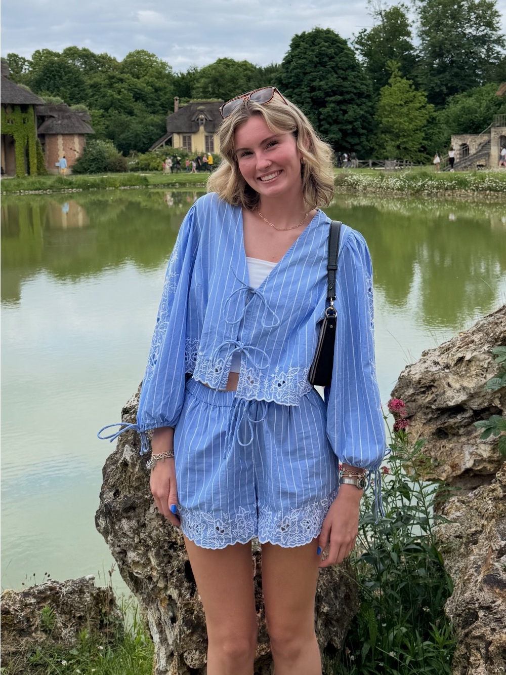 Future Collective Eyelet Tie-Front Poplin Blouse & High-Rise Shorts
Set Blue MED